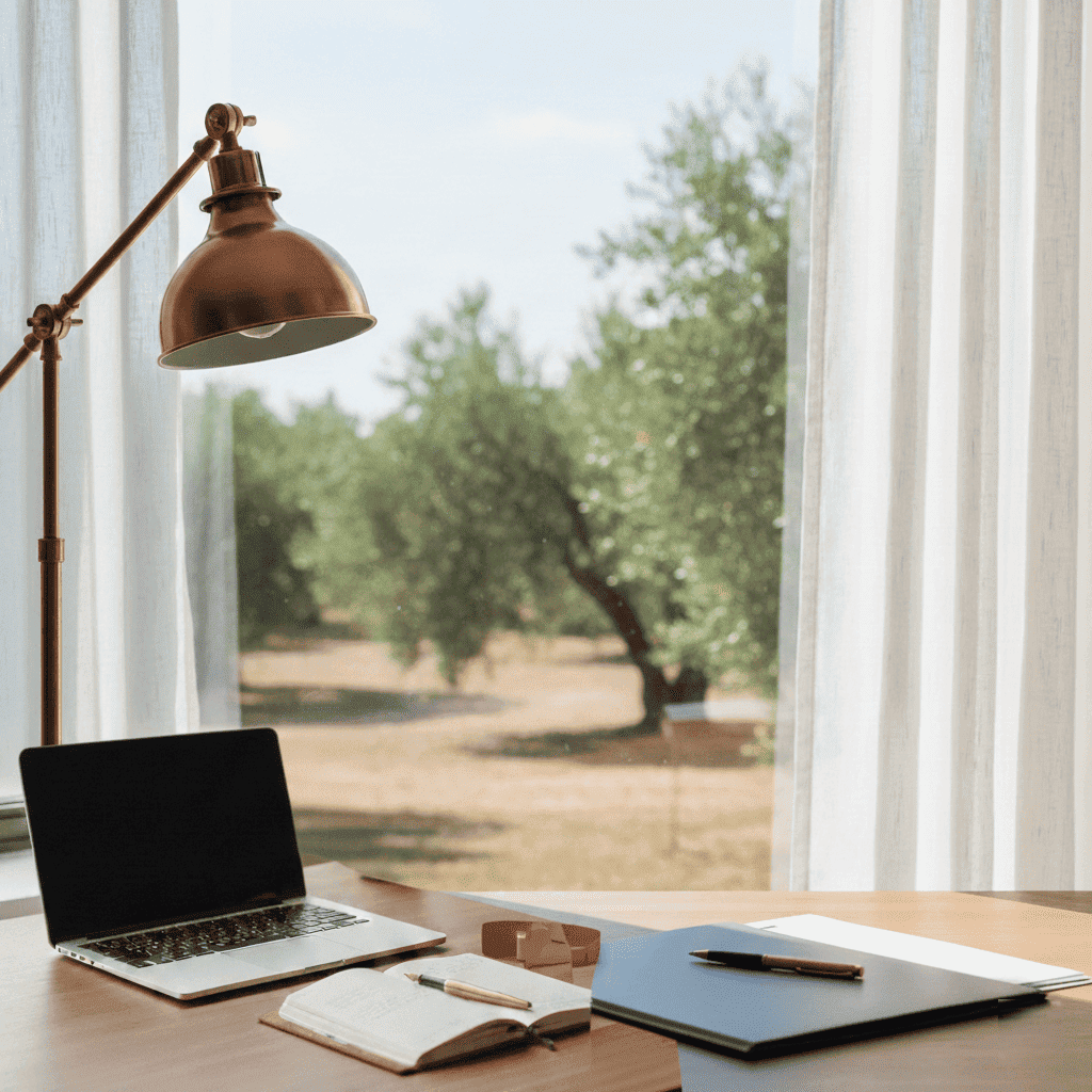 Espace de travail lumineux avec ordinateur et agenda, vue sur un champ d'oliviers, pour un accompagnement thérapeutique sur la souffrance au travail par Valéri Siino
