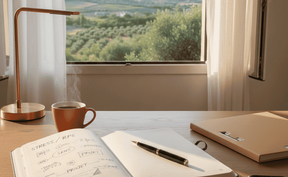 Expertise des RPS à Avignon et psychothérapie : carnet de notes sur le stress au travail et vue apaisante sur les oliviers – Accompagnement spécialisé avec Valérie Siino