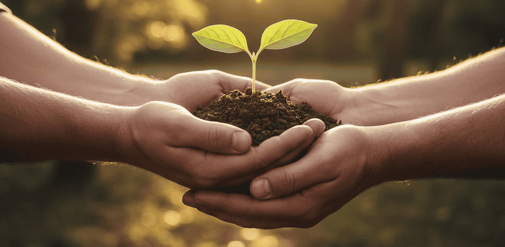 Accompagnement thérapeutique à Avignon : mains soutenant une jeune plante dans une lumière naturelle, symbolisant la croissance et la résilience – Valérie Siino, Psychothérapie à Avignon.